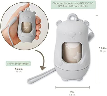 Moodie baby poop bag dispenser showing the twist-off cap open for quick bag roll insertion.