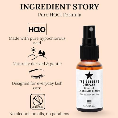Close up of The Goodbye Company 2 ounce spray bottle showing 0.015 percent HOCL label