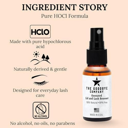 Close up of The Goodbye Company 2 ounce spray bottle showing 0.015 percent HOCL label
