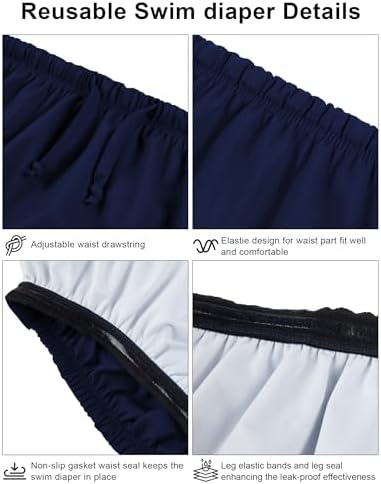Navy blue adult swim diaper highlighting leg elastic gasket seals