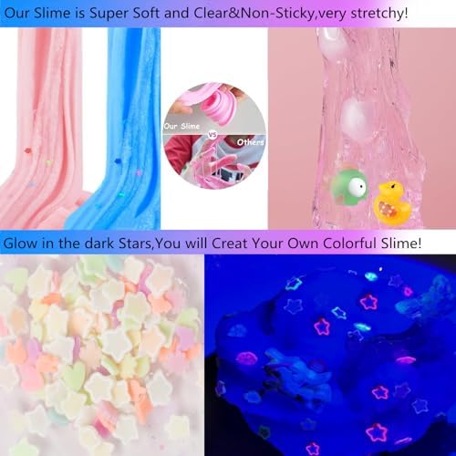 Vomkela clear and butter slime varieties stretched out to demonstrate elasticity and non-sticky texture.
