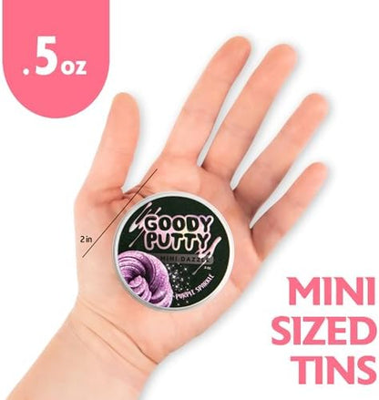 Eight individual metal tins filled with sparkling non toxic fidget putty spread out evenly.