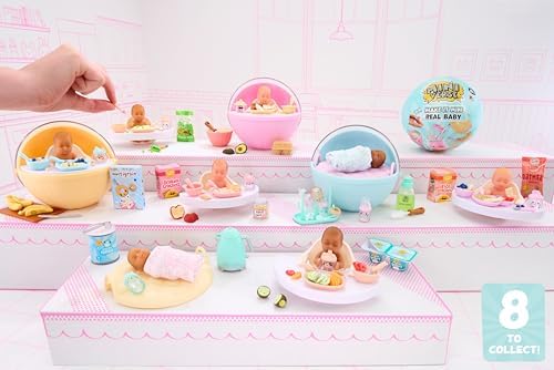 MGA's Miniverse miniature baby doll with open eyes and tiny feeding bottle accessory.