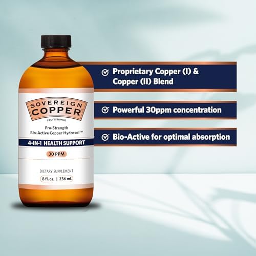 Sovereign Copper liquid supplement amber glass bottle showing the eight fluid ounce product packaging details.