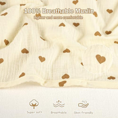 Close up of 100 percent muslin cotton fabric with heart print