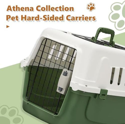 Premium Athena Collection hard sided pet kennel illustrating dual entry security locks.