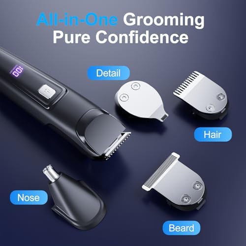RICAF cordless hair clipper grooming kit with fifteen pieces organized including interchangeable heads and guide combs