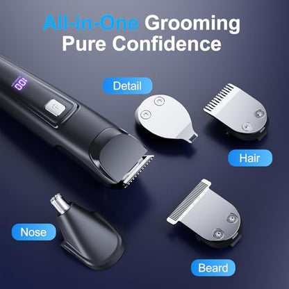 RICAF cordless hair clipper grooming kit with fifteen pieces organized including interchangeable heads and guide combs