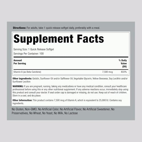 Piping Rock Beta Carotene 7500 mcg supplement facts label and allergen information