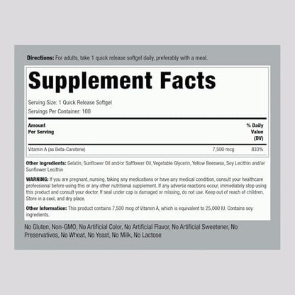 Piping Rock Beta Carotene 7500 mcg supplement facts label and allergen information