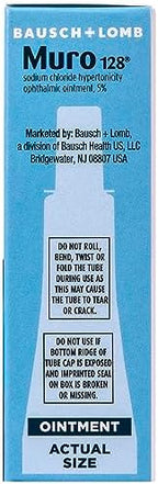 Authentic imported Muro 128 sterile eye ointment tubes showing zero point one two five ounce size