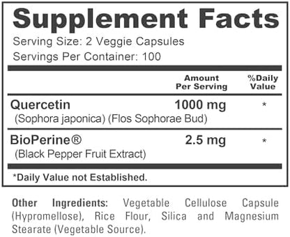 NusaPure Quercetin 1000mg bottle showing BioPerine absorption enhancement technology