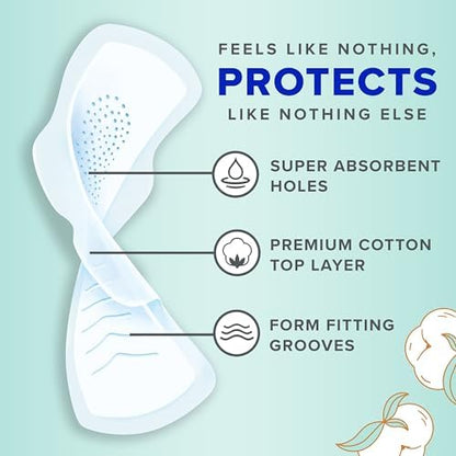 Always 100 percent cotton top layer feminine pads with wings unscented 66 count pack.