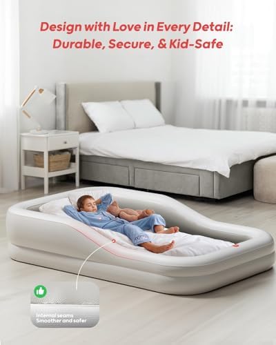QPAU extra large inflatable children mattress styled with a standard crib sheet inside a bedroom