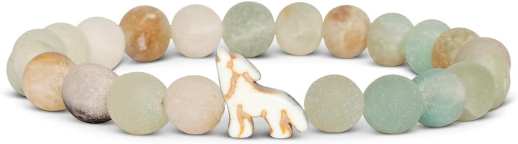 Fahlo Scout Wolf Tracking Bracelet front view showing sky stone beads and howling wolf charm