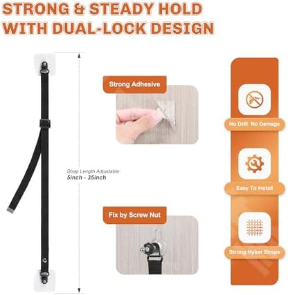 Premium earthquake stabilizer straps securing a tall wooden bookshelf to prevent tipping.