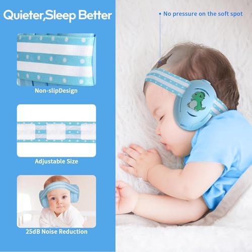 Side profile of baby wearing noise reducing earmuffs