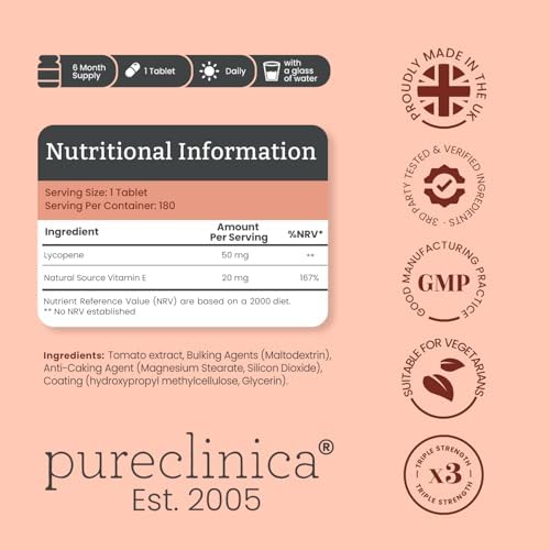 Pureclinica Lycopene 180 tablets bottle nutrition facts label