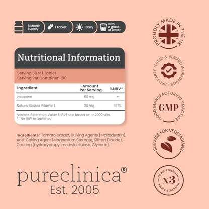 Pureclinica Lycopene 180 tablets packaging showing ingredient nutritional facts label
