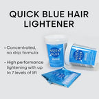 L'Oreal Quick Blue hair bleaching powder packet on a clean background