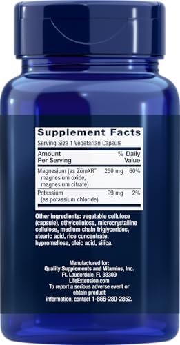 Life Extension dual action mineral supplement supplement facts label showing potassium and extended release magnesium ingredients.