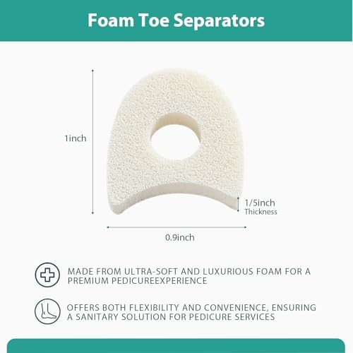 Soft foam toe spacers for bunion and corn relief placed between toes.