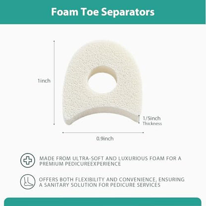 Soft foam toe spacers for bunion and corn relief placed between toes.