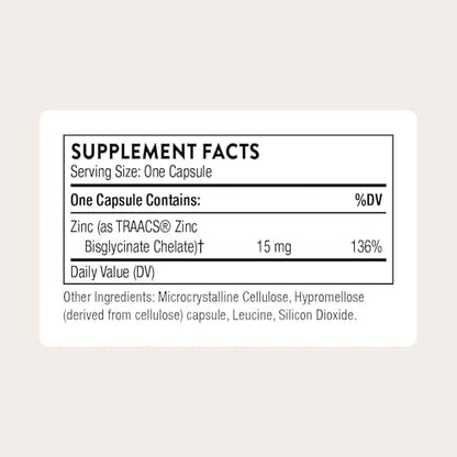 Side label view of Thorne absorbable zinc supplement indicating supplement facts and vegetarian capsule ingredients.
