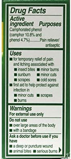 Campho-Phenique medicated liquid bottle showing camphor and phenol ingredients for skin relief.
