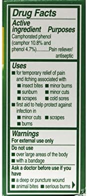 Campho-Phenique medicated liquid bottle showing camphor and phenol ingredients for skin relief.