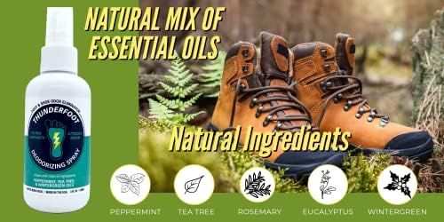Thunderfoot mint scented shoe freshener spray showing natural essential oil ingredients