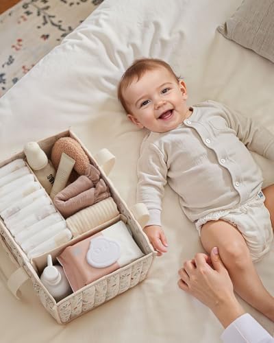 Blissful Diary stylish nursery storage basket being carried by long handles