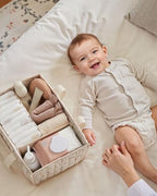 Blissful Diary stylish nursery storage basket being carried by long handles