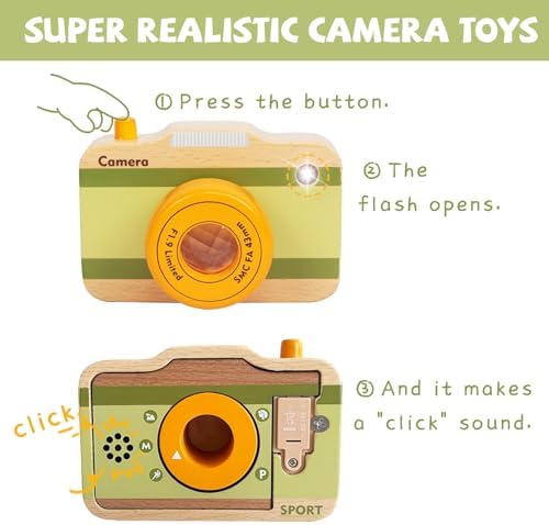 Toddler toy camera with kaleidoscope lens displaying the premium natural wood grain texture.