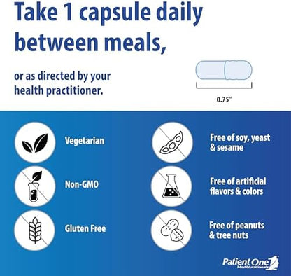 Patient One Pycnogenol 30 vegetable capsules container showing allergen-free manufacturing seals.
