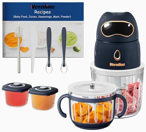 Veroline infant puree blender with 600ml and 300ml borosilicate glass bowls displaying the internal stainless steel blades.