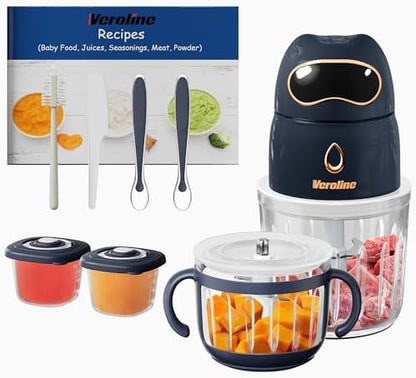 Veroline infant puree blender with 600ml and 300ml borosilicate glass bowls displaying the internal stainless steel blades.