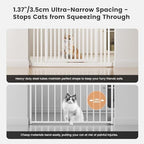 Gardner Pet safety gate stabilizing brackets and narrow bar spacing details.