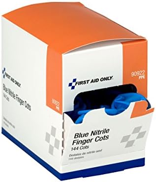 Powder free latex free medical finger sleeves spread out to display durable nitrile material.