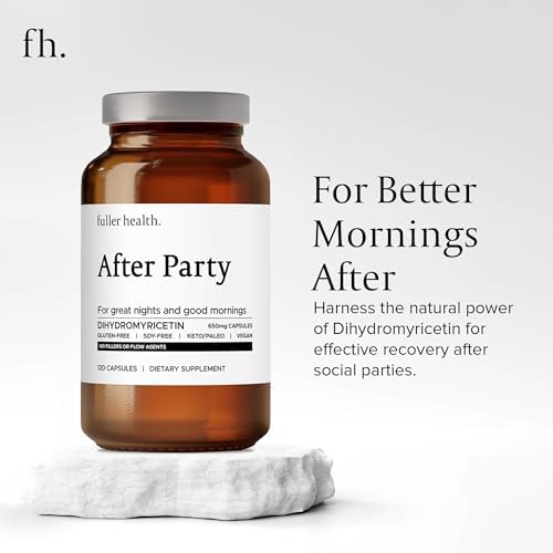 Three bottles pack of Fuller Health After Party dihydromyricetin capsules showing clean vegan label details