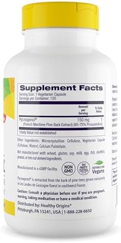 Healthy Origins Pycnogenol French maritime pine bark extract supplement bottle showing the antioxidant benefits.