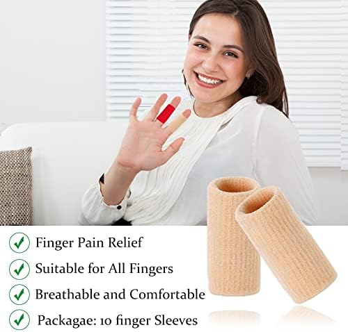 Beige elastic finger cots worn on multiple fingers illustrating snug compression fit and joint protection.