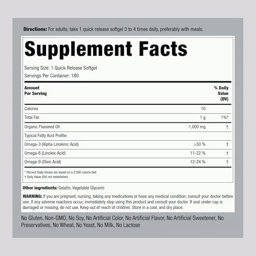 Cold pressed flaxseed oil 180 capsules packaging for plant based omega supplements