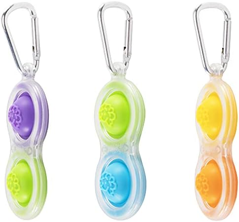 Three transparent popping fidget keychains displayed in a row highlighting lime, blue, orange, and purple color combinations.