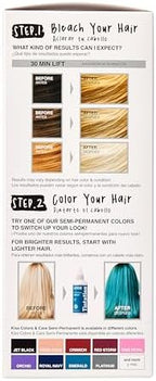Back label of KISS Colors and Care Lift Up hair bleach ICE variant detailing instructions and conditioning formula features