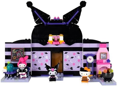 BLDR Sanrio building set opened up showing the interior play space with fireplace and table.