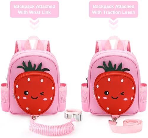 Toddler wearing pink strawberry backpack with adjustable straps