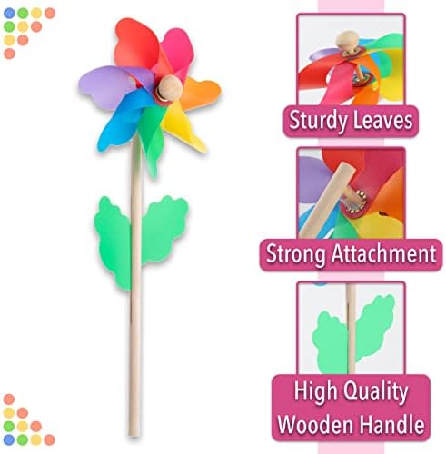 Durable polypropylene pinwheel mounted on wooden garden stake