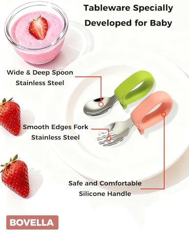 Close up of Bovella stainless steel baby spoon and fork