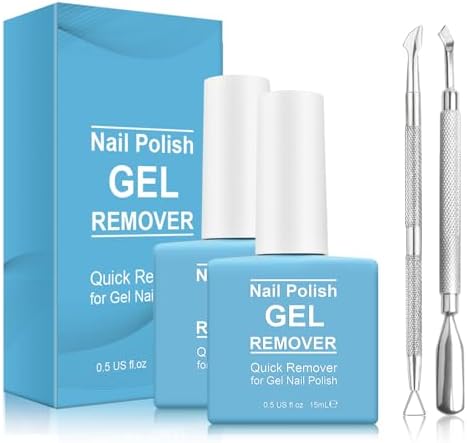 Two bottles of Tudiqe soak off remover sitting alongside the included stainless steel cuticle pusher and nail scraper tool